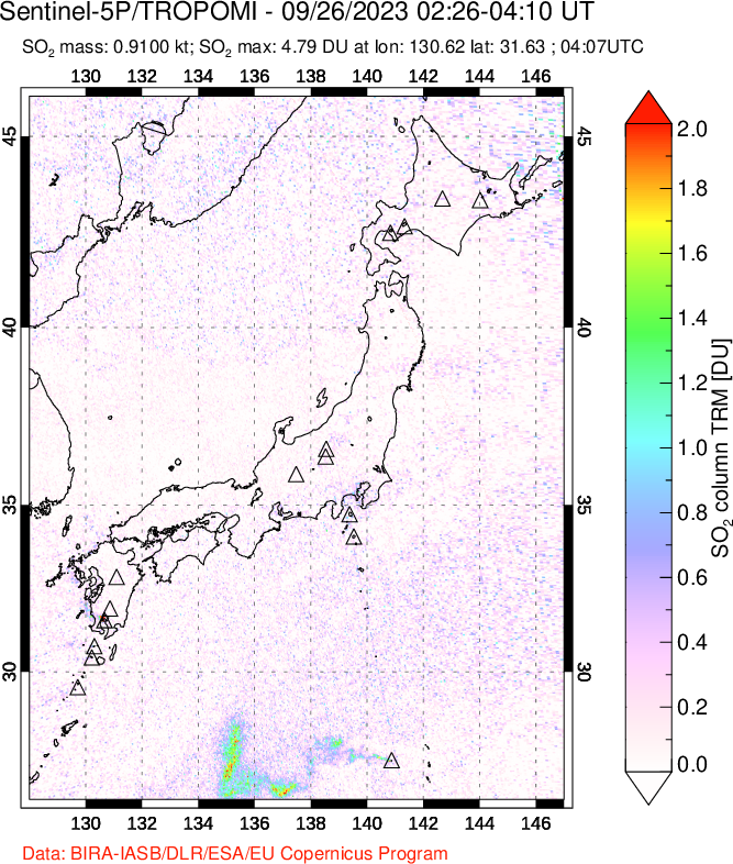 A sulfur dioxide image over Japan on Sep 26, 2023.