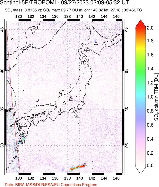 A sulfur dioxide image over Japan on Sep 27, 2023.