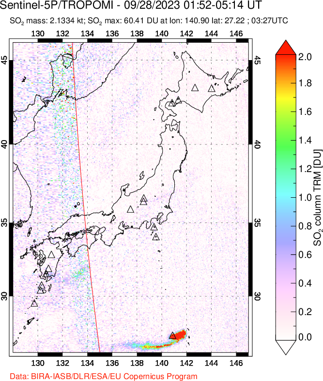 A sulfur dioxide image over Japan on Sep 28, 2023.