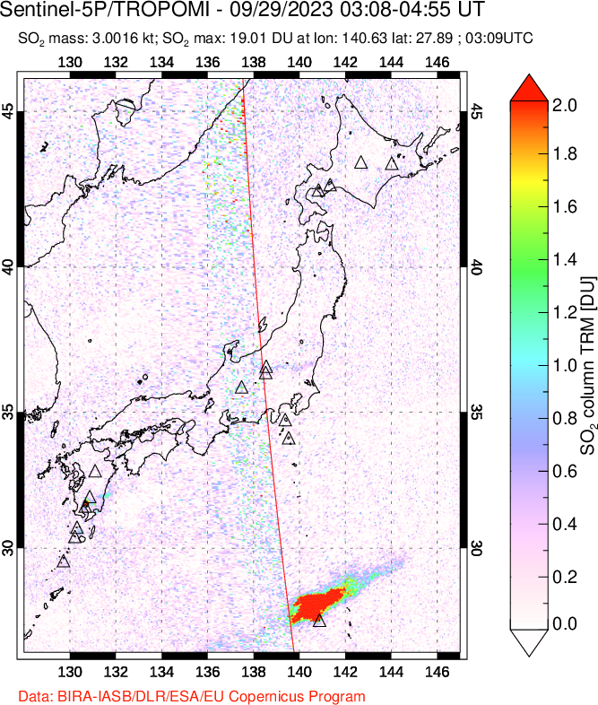 A sulfur dioxide image over Japan on Sep 29, 2023.