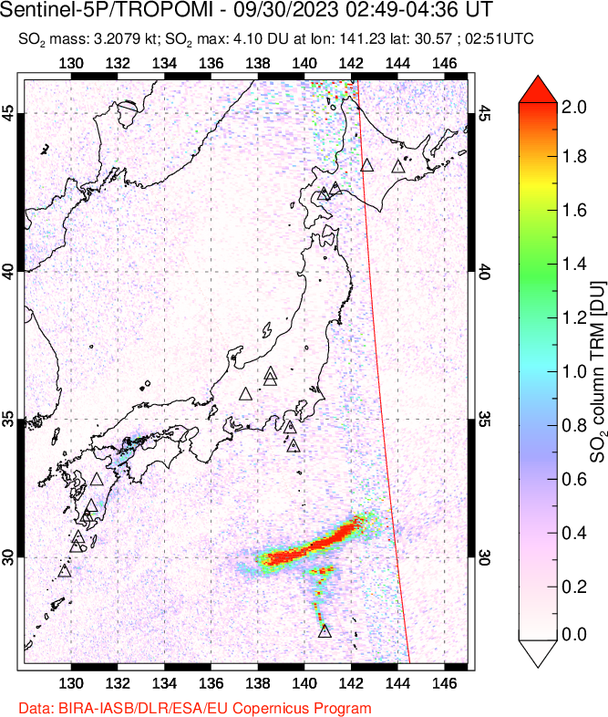 A sulfur dioxide image over Japan on Sep 30, 2023.