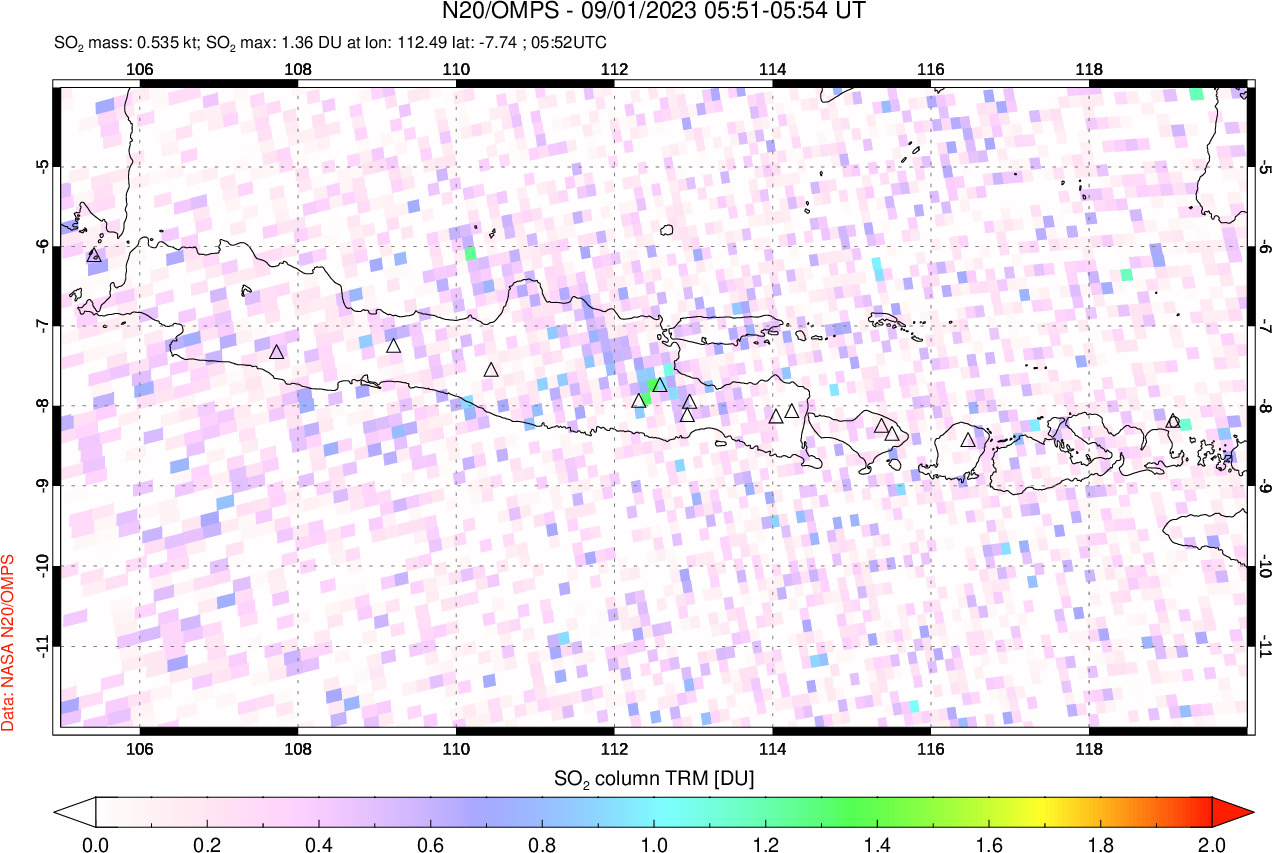 A sulfur dioxide image over Java, Indonesia on Sep 01, 2023.