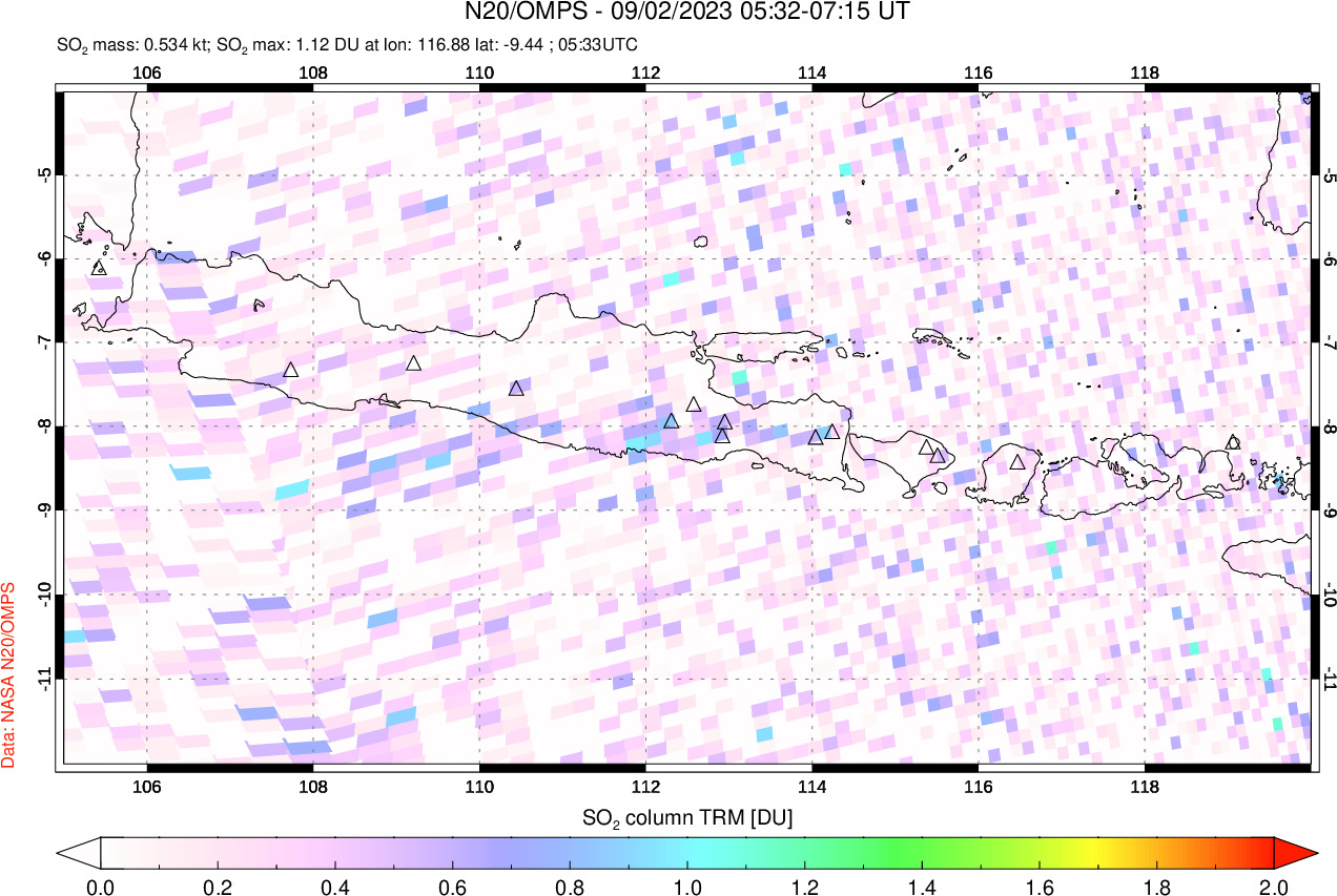 A sulfur dioxide image over Java, Indonesia on Sep 02, 2023.