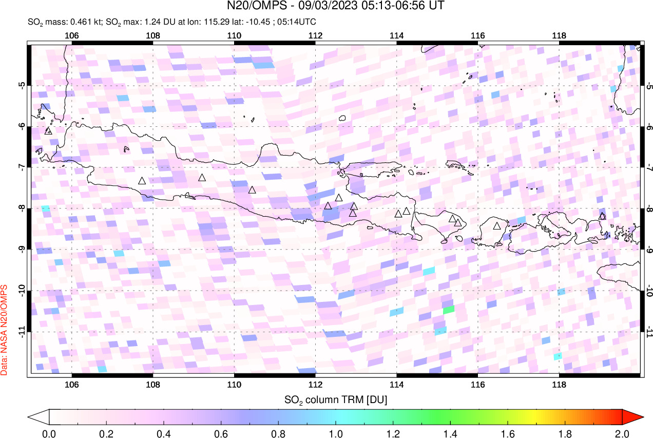 A sulfur dioxide image over Java, Indonesia on Sep 03, 2023.