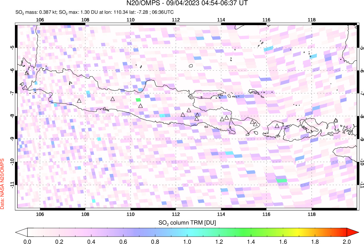 A sulfur dioxide image over Java, Indonesia on Sep 04, 2023.