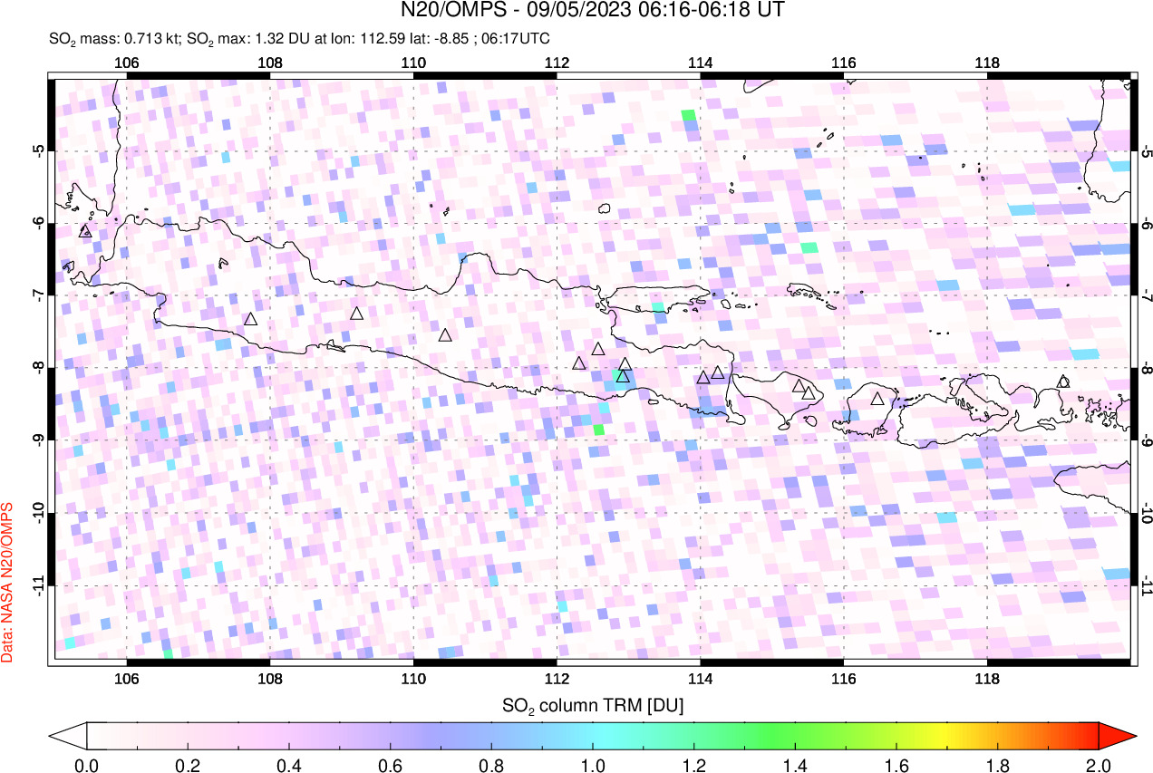 A sulfur dioxide image over Java, Indonesia on Sep 05, 2023.