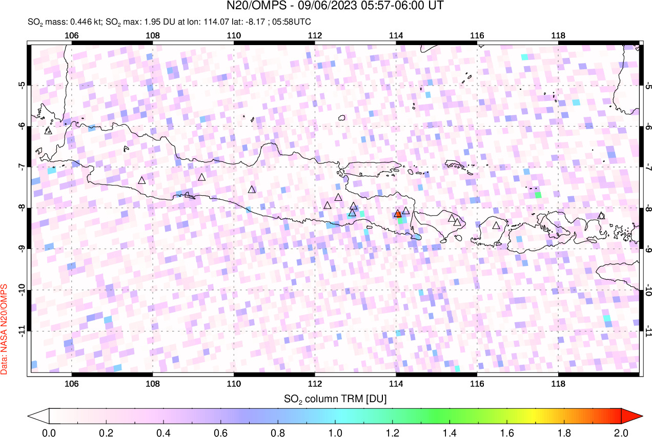 A sulfur dioxide image over Java, Indonesia on Sep 06, 2023.