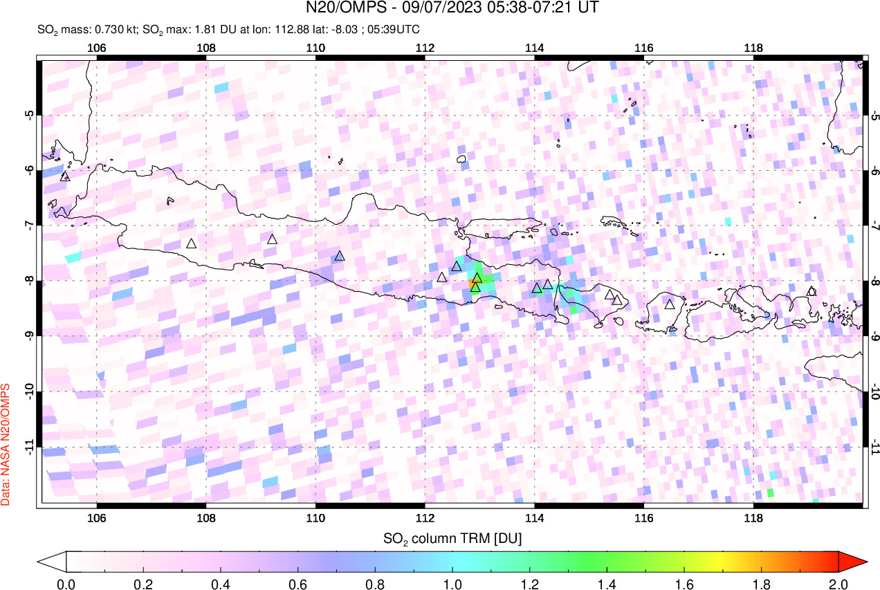 A sulfur dioxide image over Java, Indonesia on Sep 07, 2023.