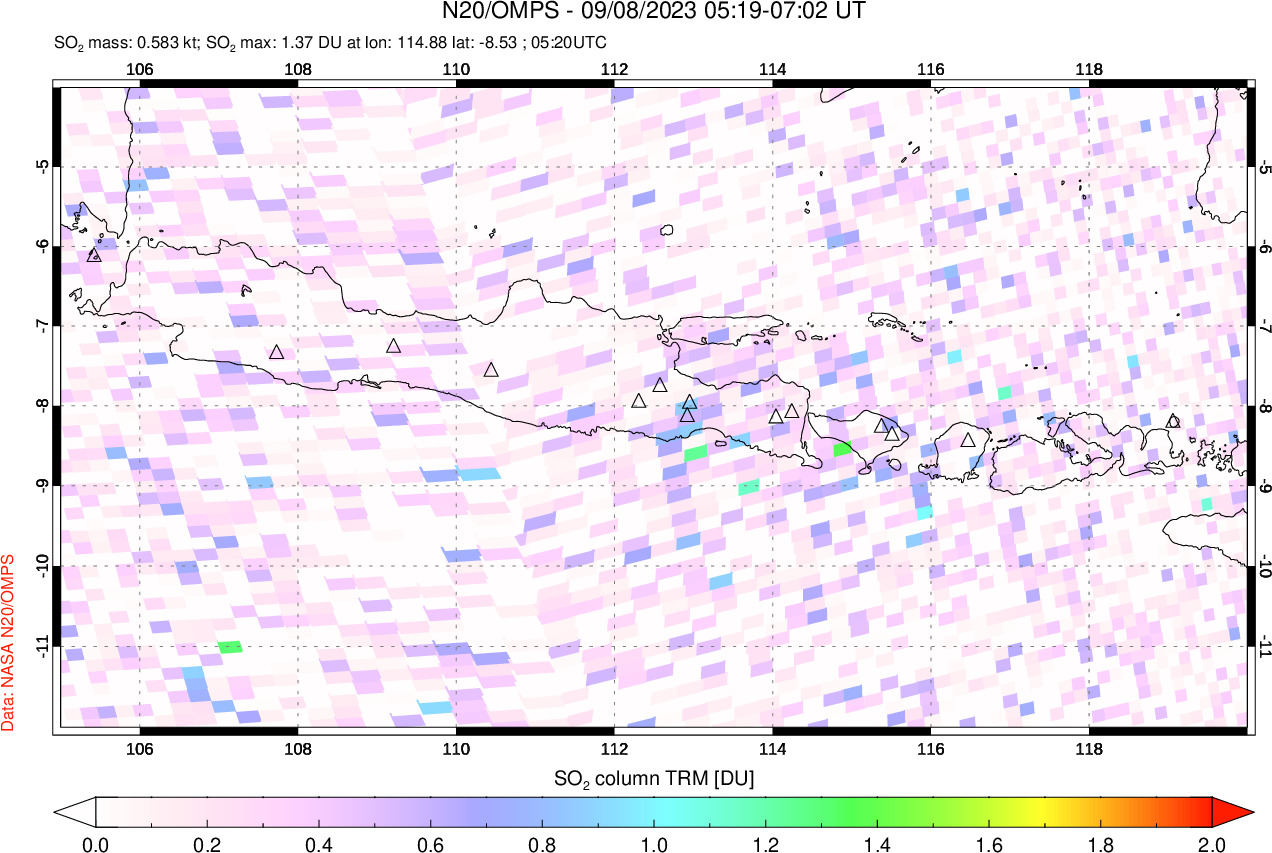 A sulfur dioxide image over Java, Indonesia on Sep 08, 2023.