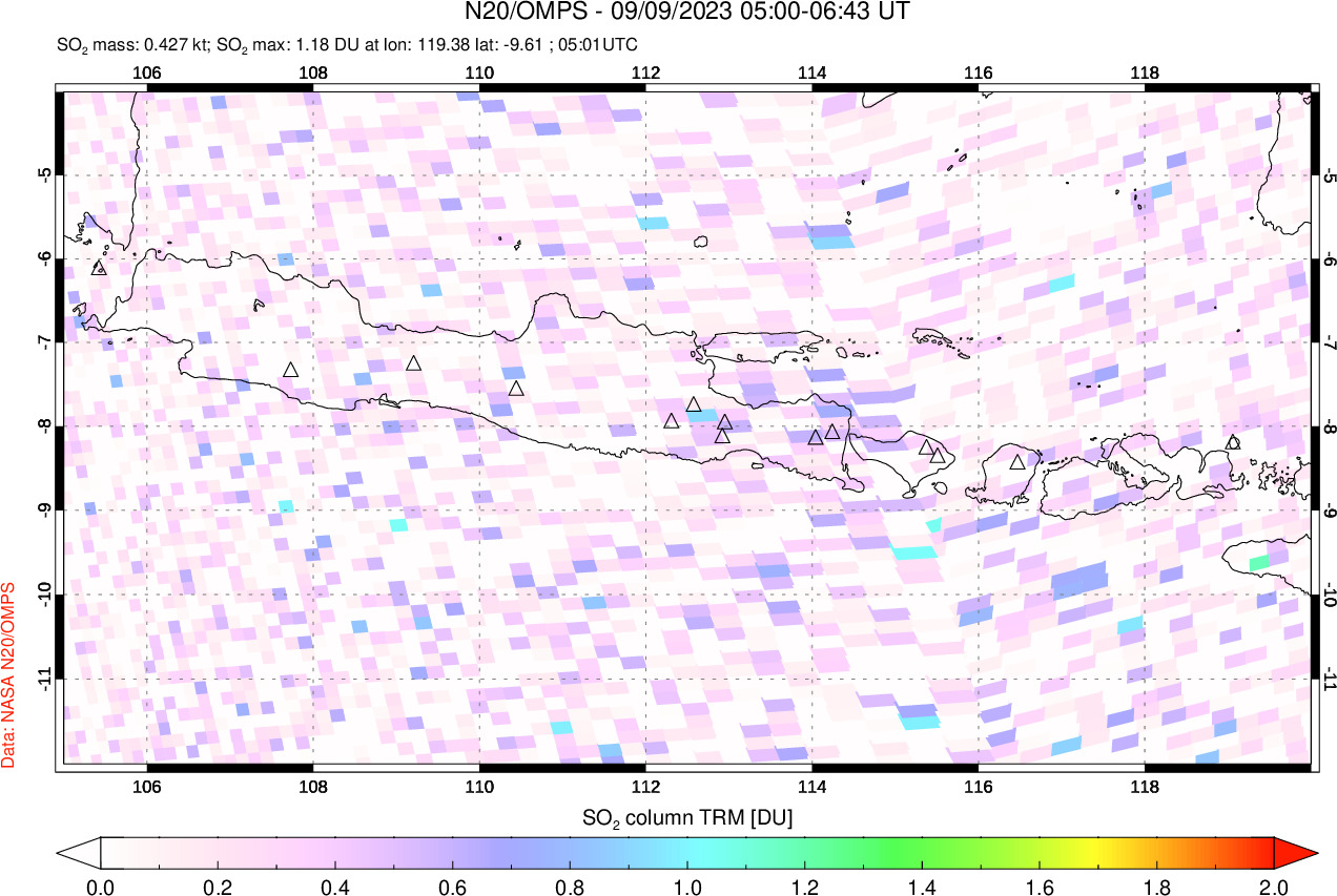A sulfur dioxide image over Java, Indonesia on Sep 09, 2023.