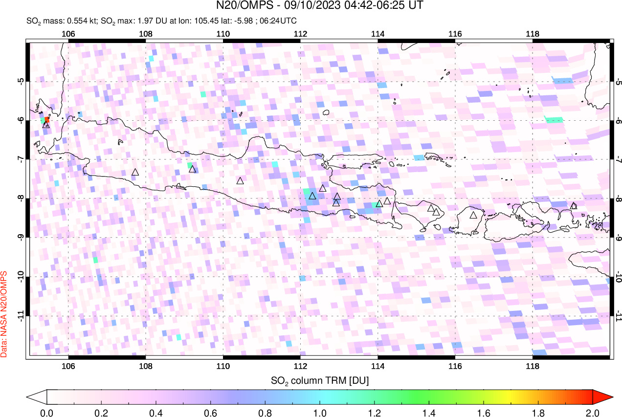 A sulfur dioxide image over Java, Indonesia on Sep 10, 2023.