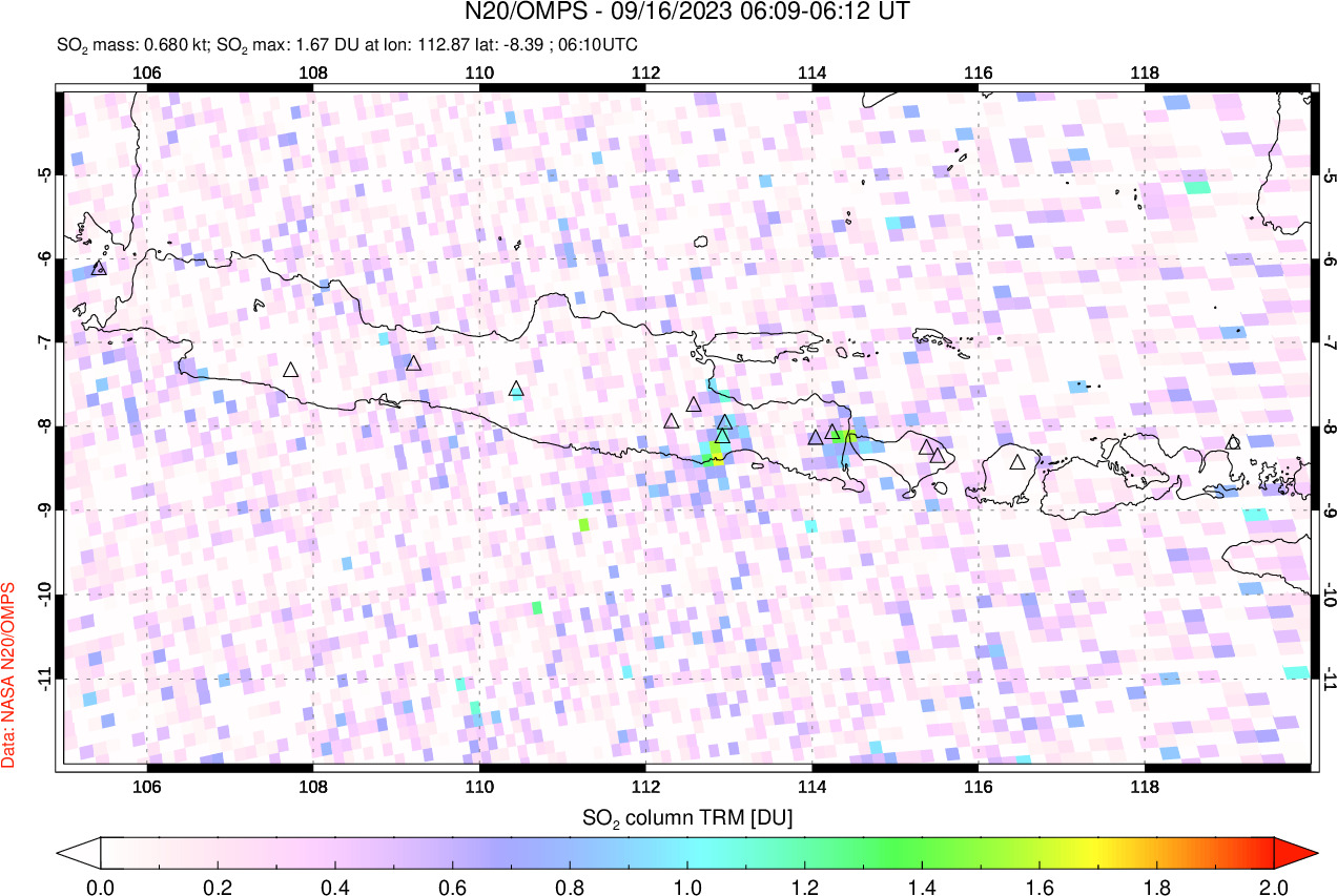A sulfur dioxide image over Java, Indonesia on Sep 16, 2023.