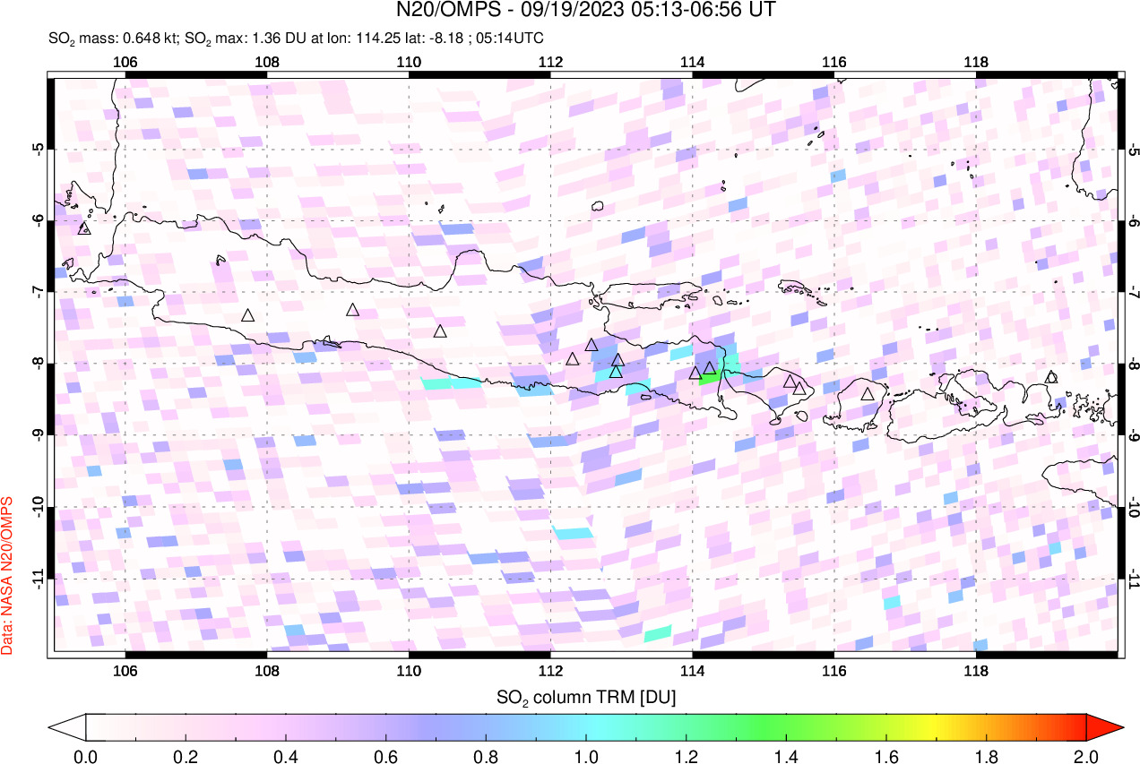 A sulfur dioxide image over Java, Indonesia on Sep 19, 2023.