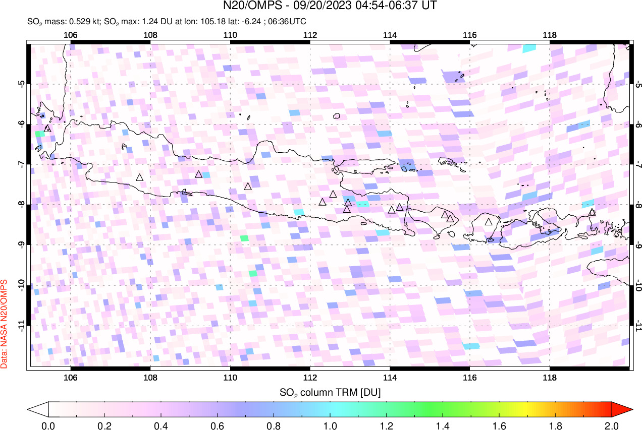 A sulfur dioxide image over Java, Indonesia on Sep 20, 2023.