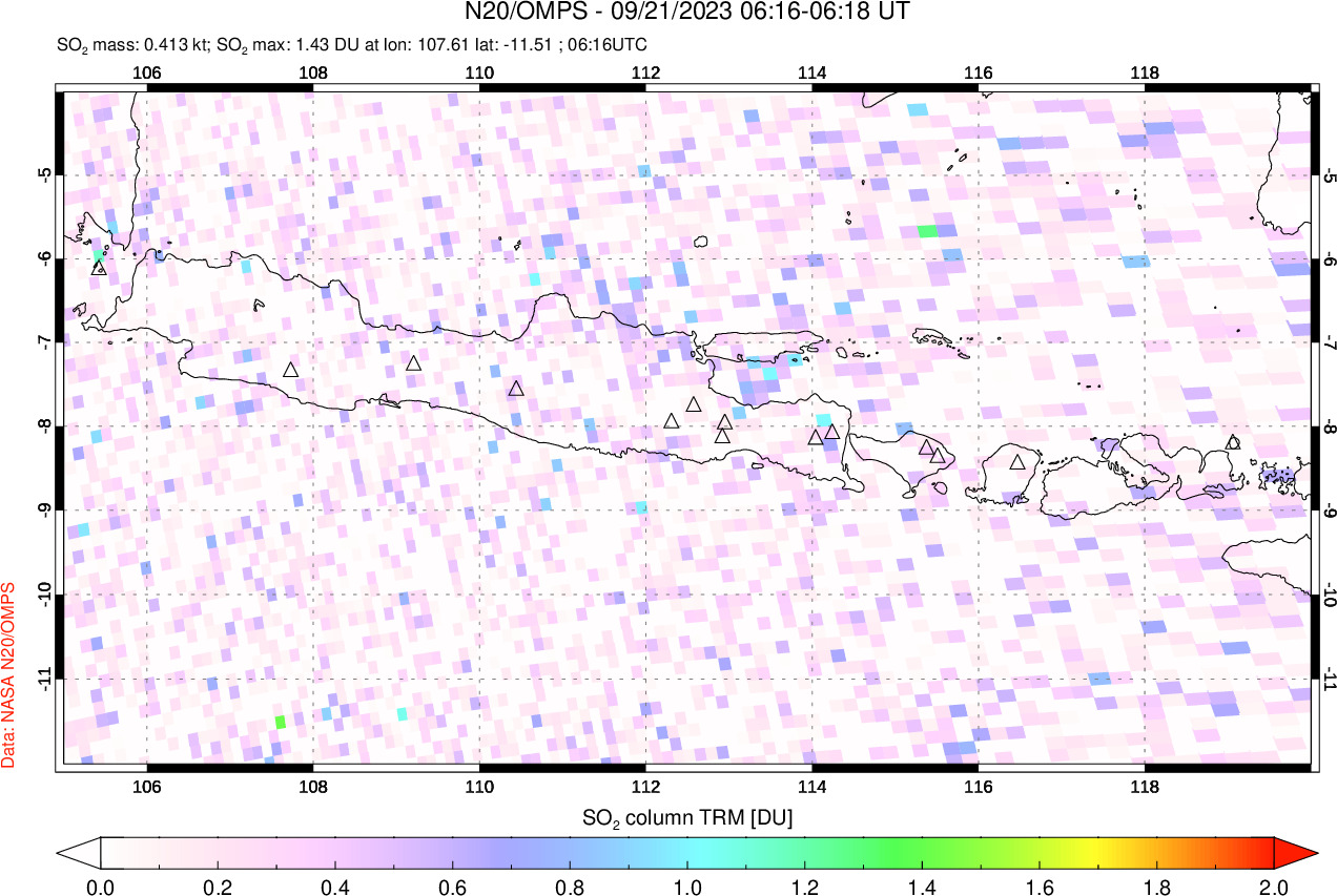 A sulfur dioxide image over Java, Indonesia on Sep 21, 2023.
