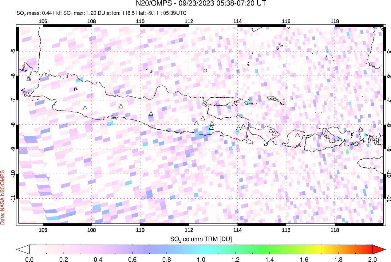A sulfur dioxide image over Java, Indonesia on Sep 23, 2023.