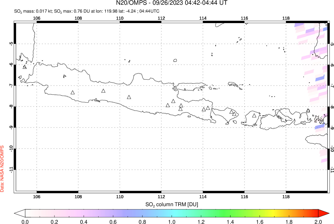 A sulfur dioxide image over Java, Indonesia on Sep 26, 2023.