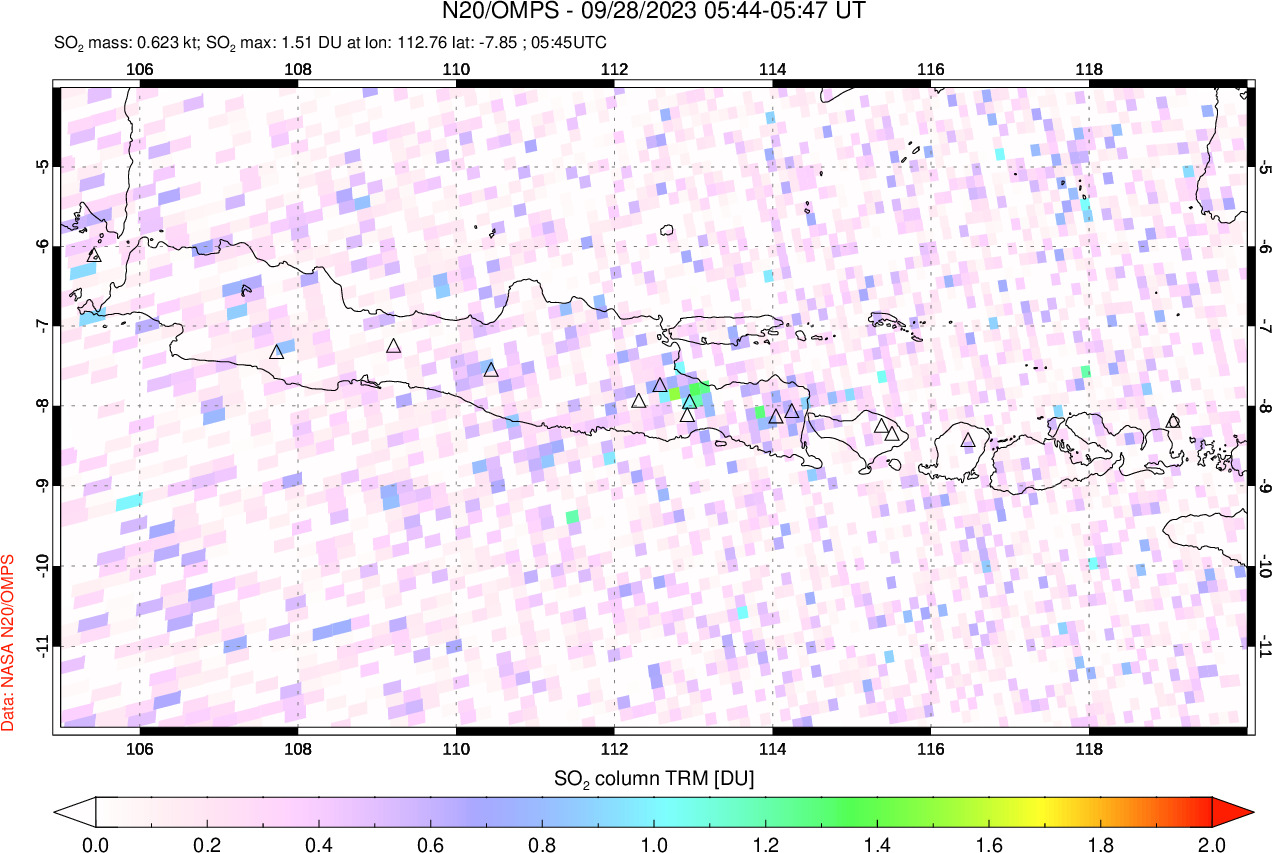 A sulfur dioxide image over Java, Indonesia on Sep 28, 2023.
