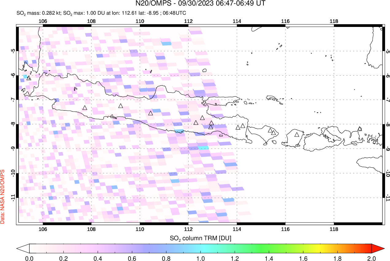 A sulfur dioxide image over Java, Indonesia on Sep 30, 2023.