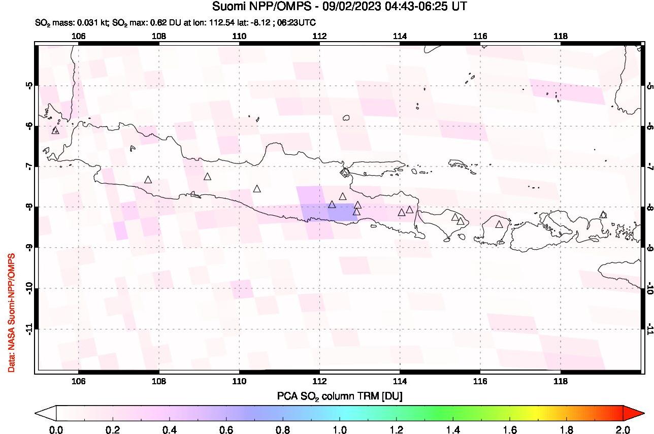 A sulfur dioxide image over Java, Indonesia on Sep 02, 2023.