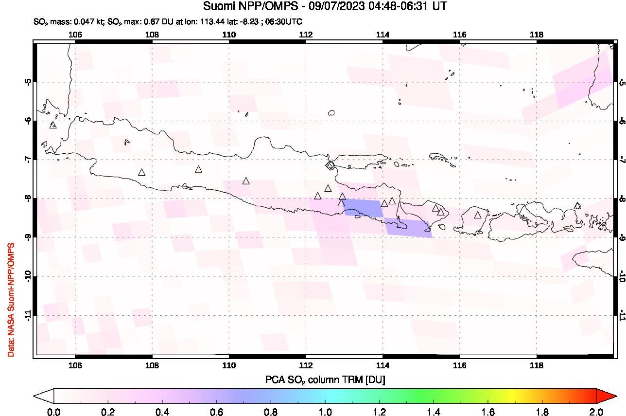 A sulfur dioxide image over Java, Indonesia on Sep 07, 2023.