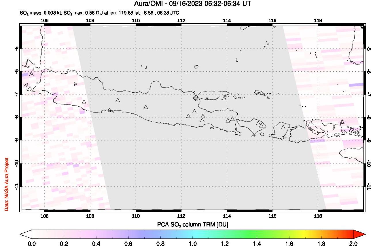 A sulfur dioxide image over Java, Indonesia on Sep 16, 2023.