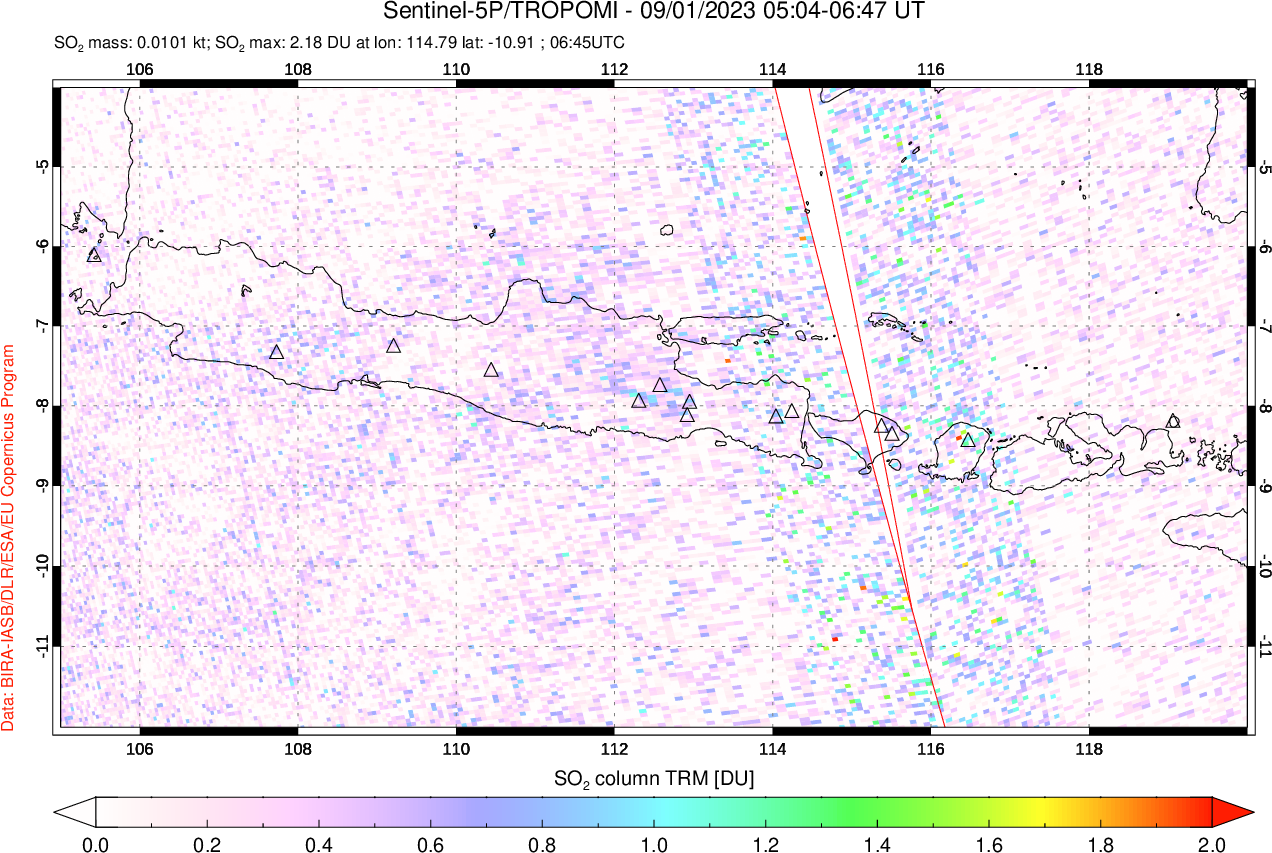 A sulfur dioxide image over Java, Indonesia on Sep 01, 2023.