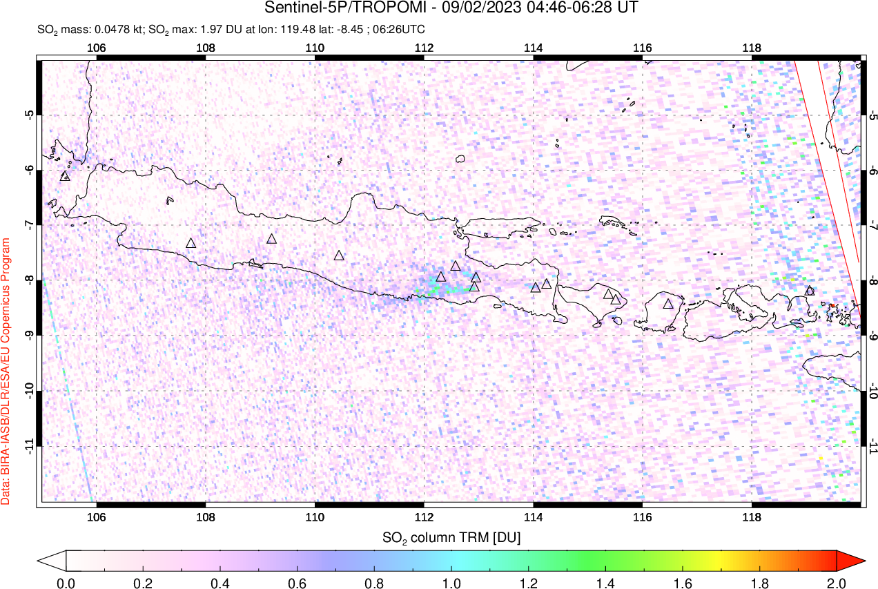 A sulfur dioxide image over Java, Indonesia on Sep 02, 2023.