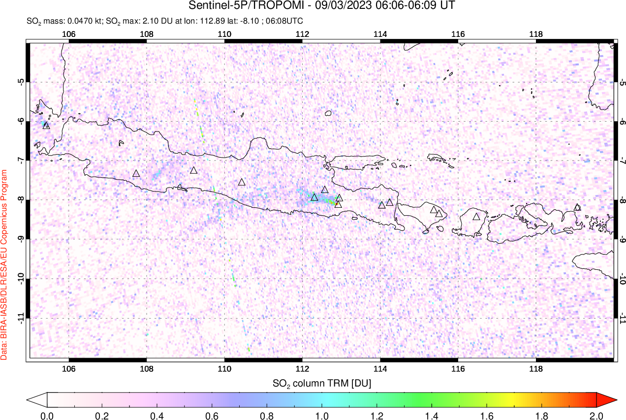 A sulfur dioxide image over Java, Indonesia on Sep 03, 2023.