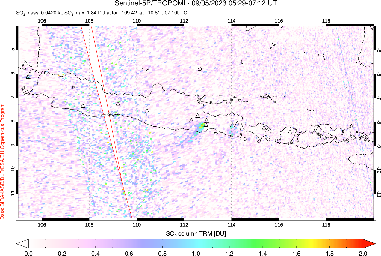 A sulfur dioxide image over Java, Indonesia on Sep 05, 2023.