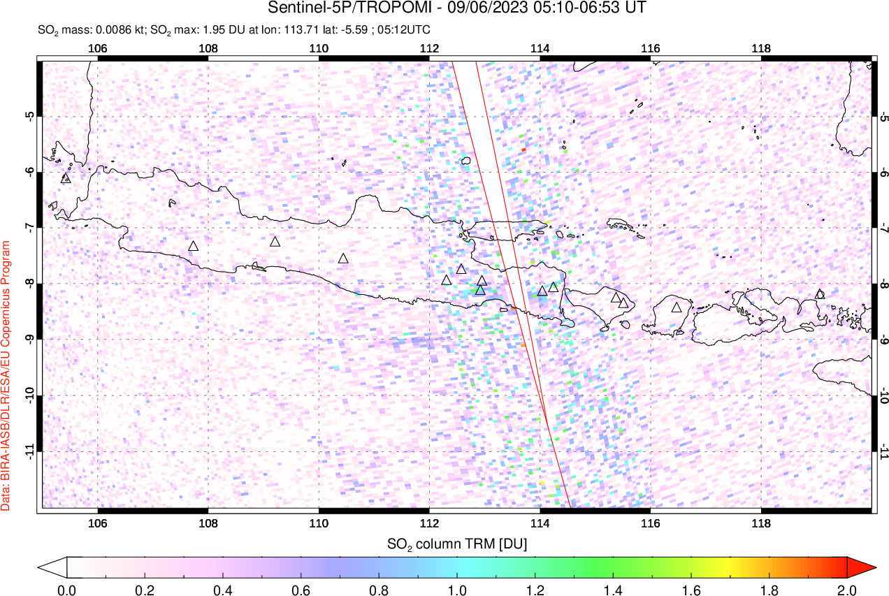 A sulfur dioxide image over Java, Indonesia on Sep 06, 2023.