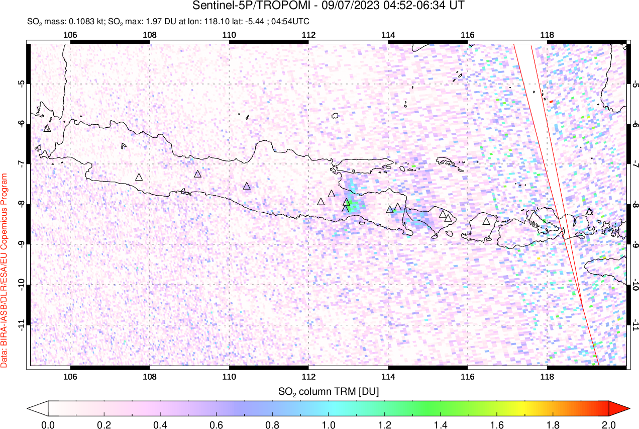 A sulfur dioxide image over Java, Indonesia on Sep 07, 2023.