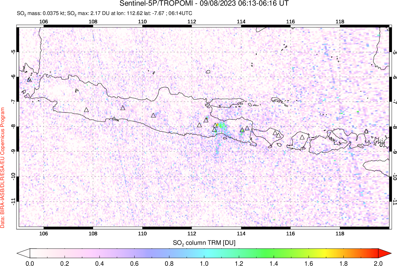 A sulfur dioxide image over Java, Indonesia on Sep 08, 2023.