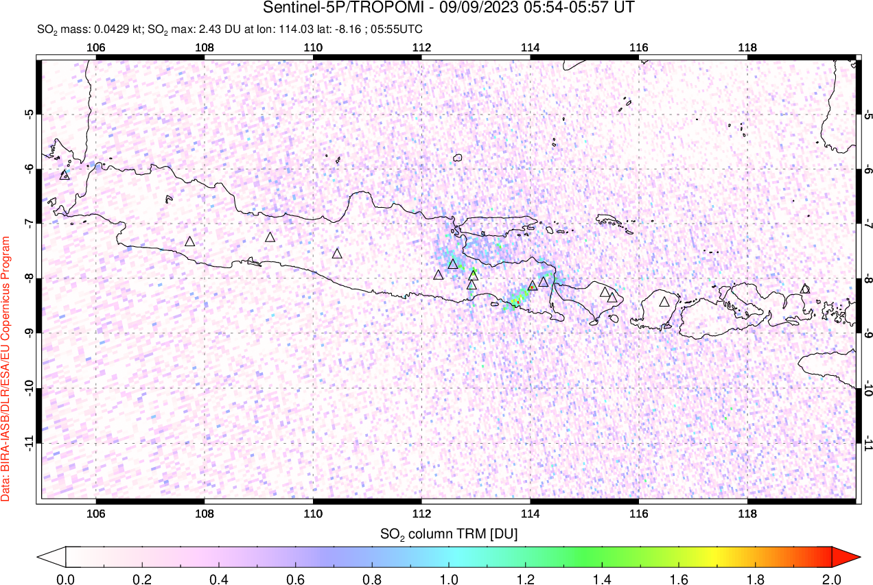 A sulfur dioxide image over Java, Indonesia on Sep 09, 2023.