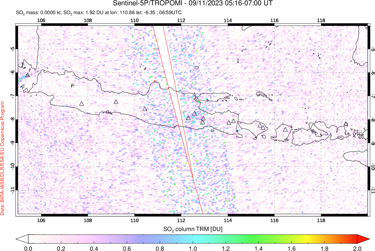 A sulfur dioxide image over Java, Indonesia on Sep 11, 2023.