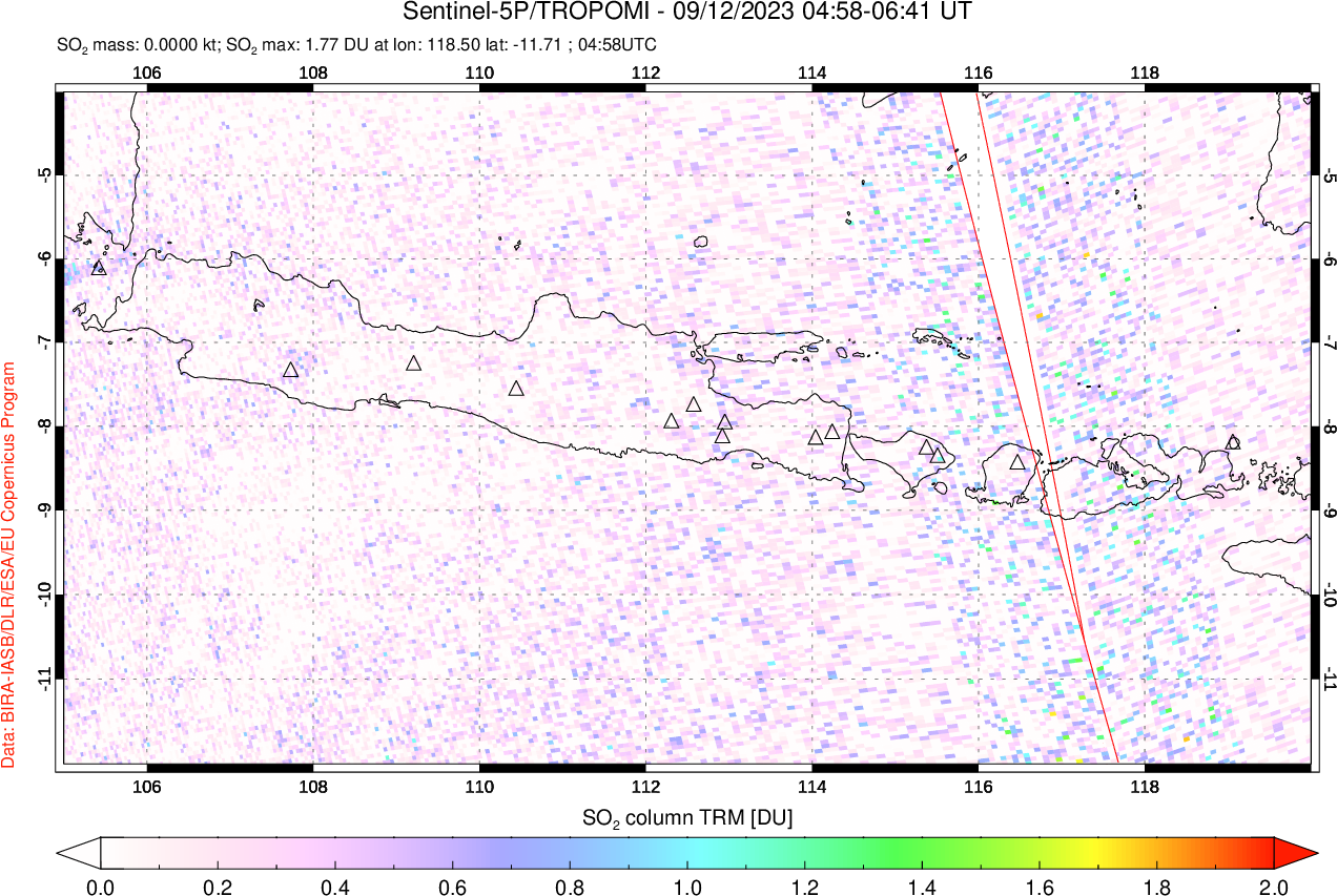 A sulfur dioxide image over Java, Indonesia on Sep 12, 2023.