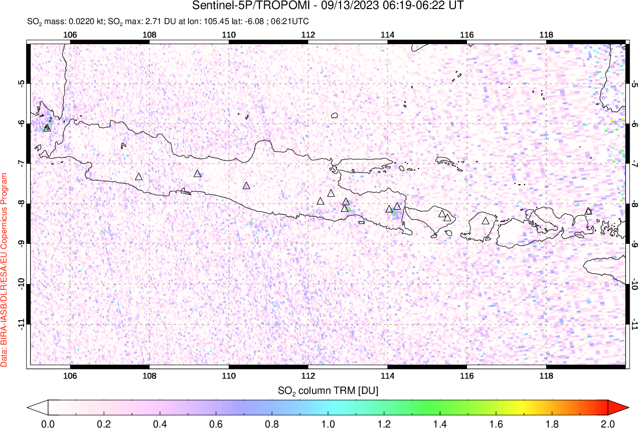 A sulfur dioxide image over Java, Indonesia on Sep 13, 2023.