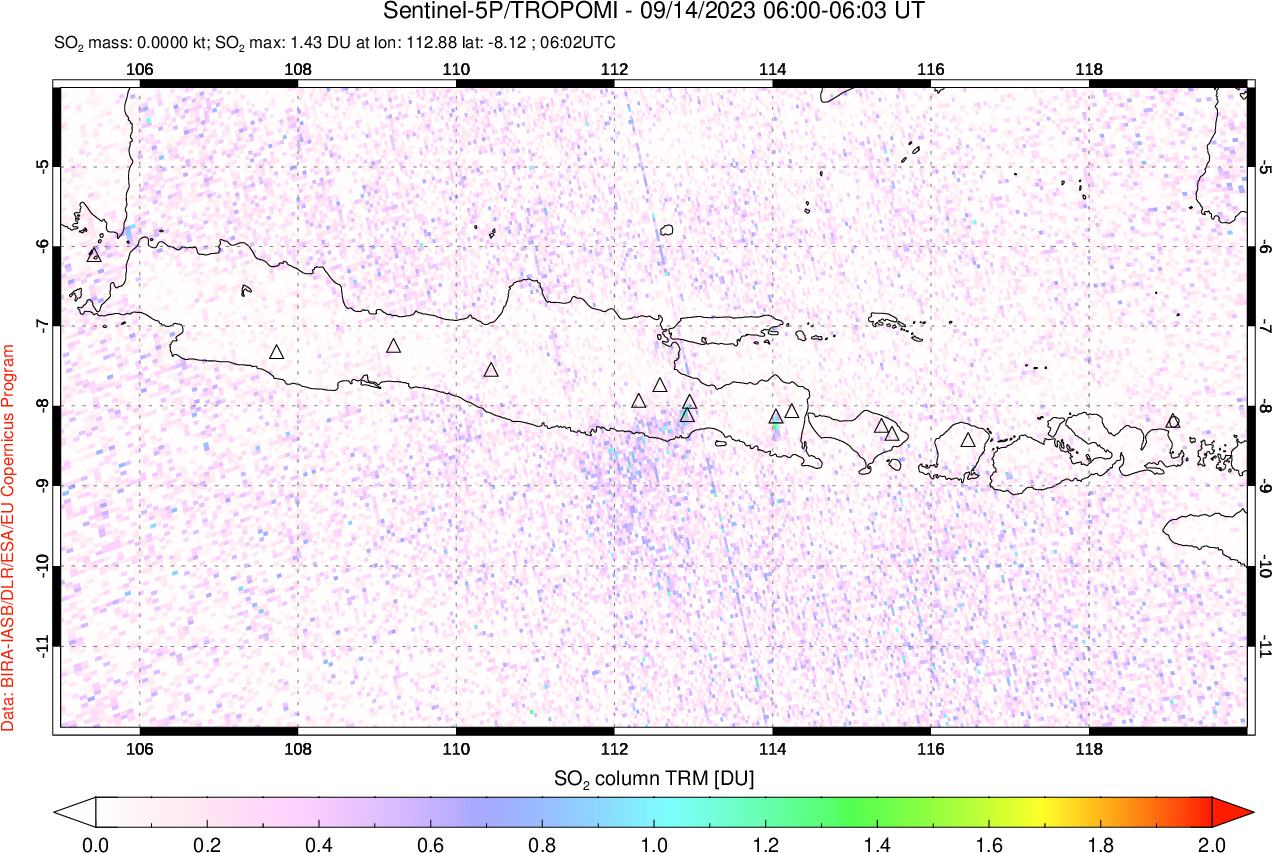 A sulfur dioxide image over Java, Indonesia on Sep 14, 2023.