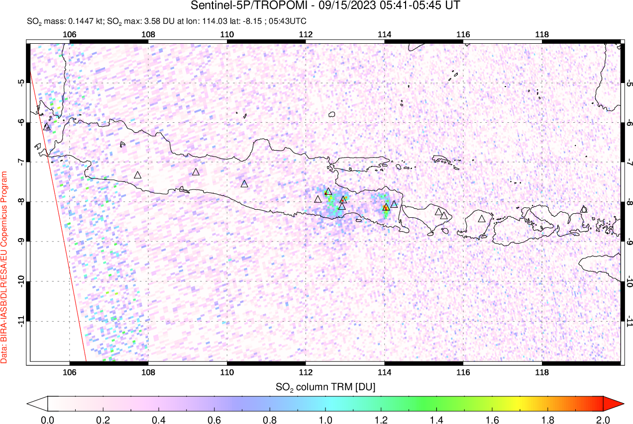 A sulfur dioxide image over Java, Indonesia on Sep 15, 2023.