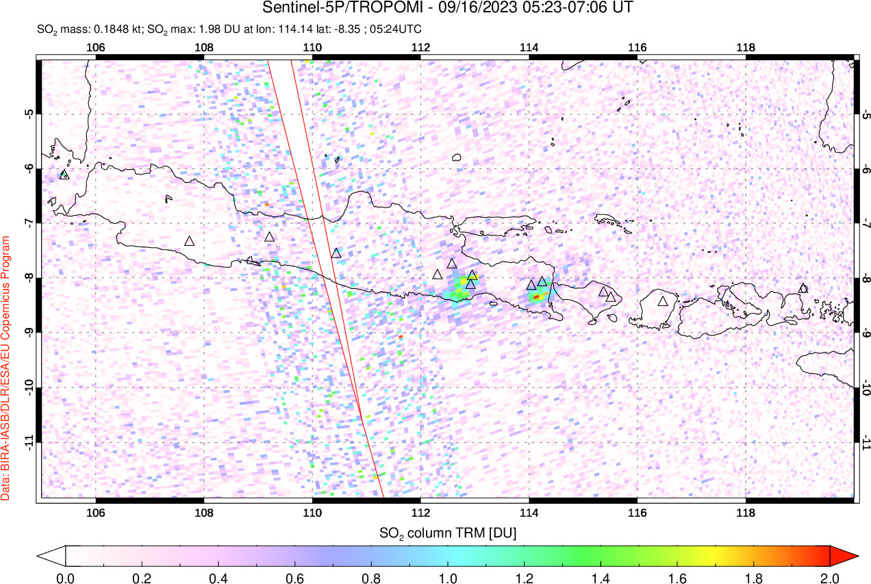 A sulfur dioxide image over Java, Indonesia on Sep 16, 2023.