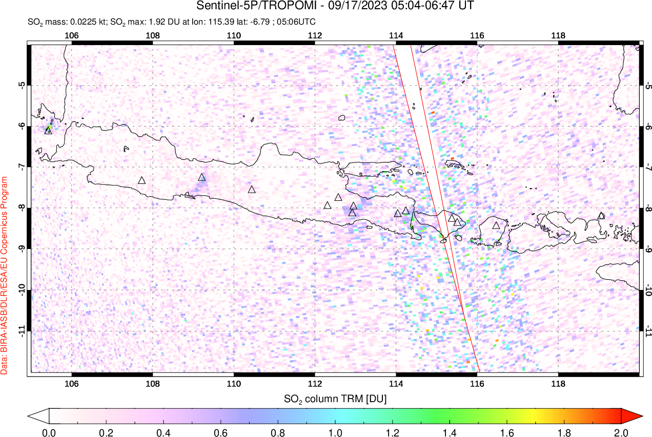 A sulfur dioxide image over Java, Indonesia on Sep 17, 2023.