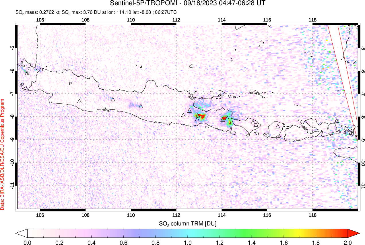 A sulfur dioxide image over Java, Indonesia on Sep 18, 2023.