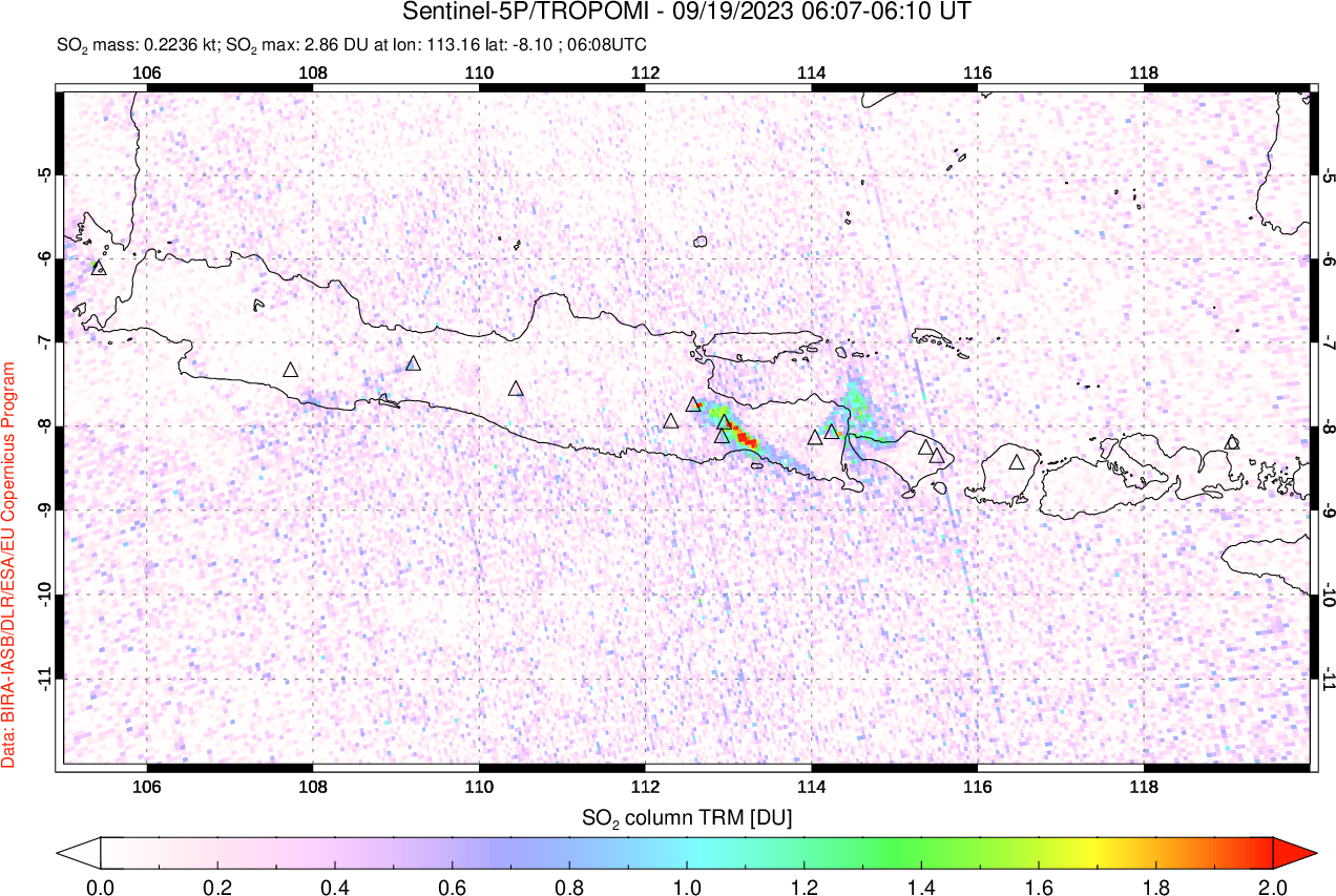 A sulfur dioxide image over Java, Indonesia on Sep 19, 2023.