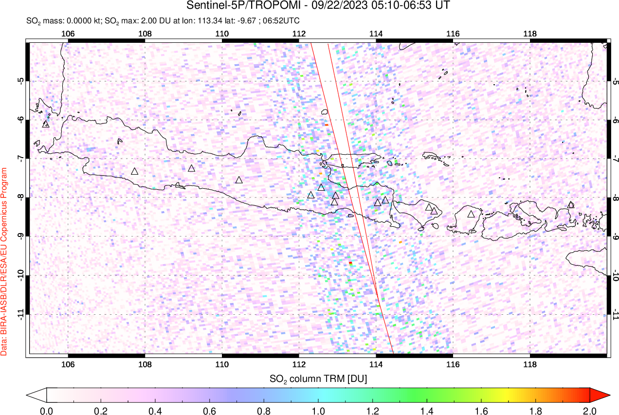 A sulfur dioxide image over Java, Indonesia on Sep 22, 2023.