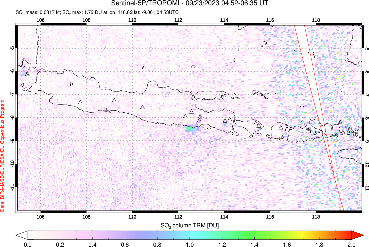 A sulfur dioxide image over Java, Indonesia on Sep 23, 2023.