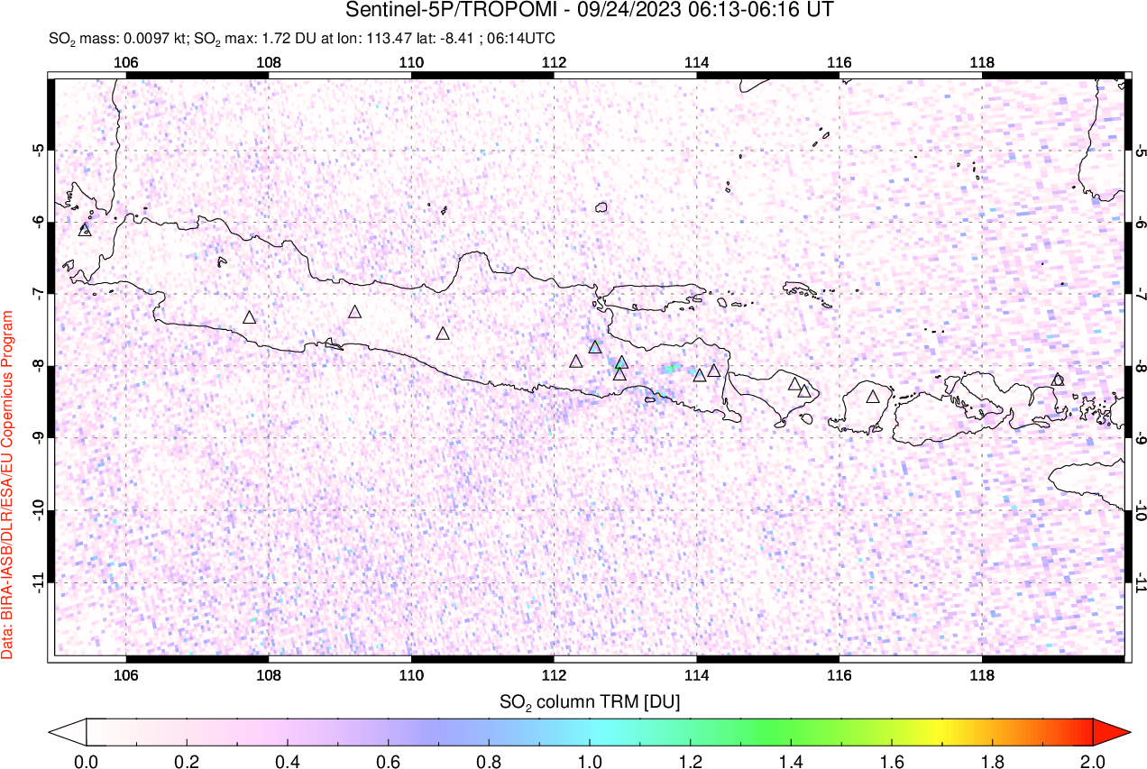 A sulfur dioxide image over Java, Indonesia on Sep 24, 2023.