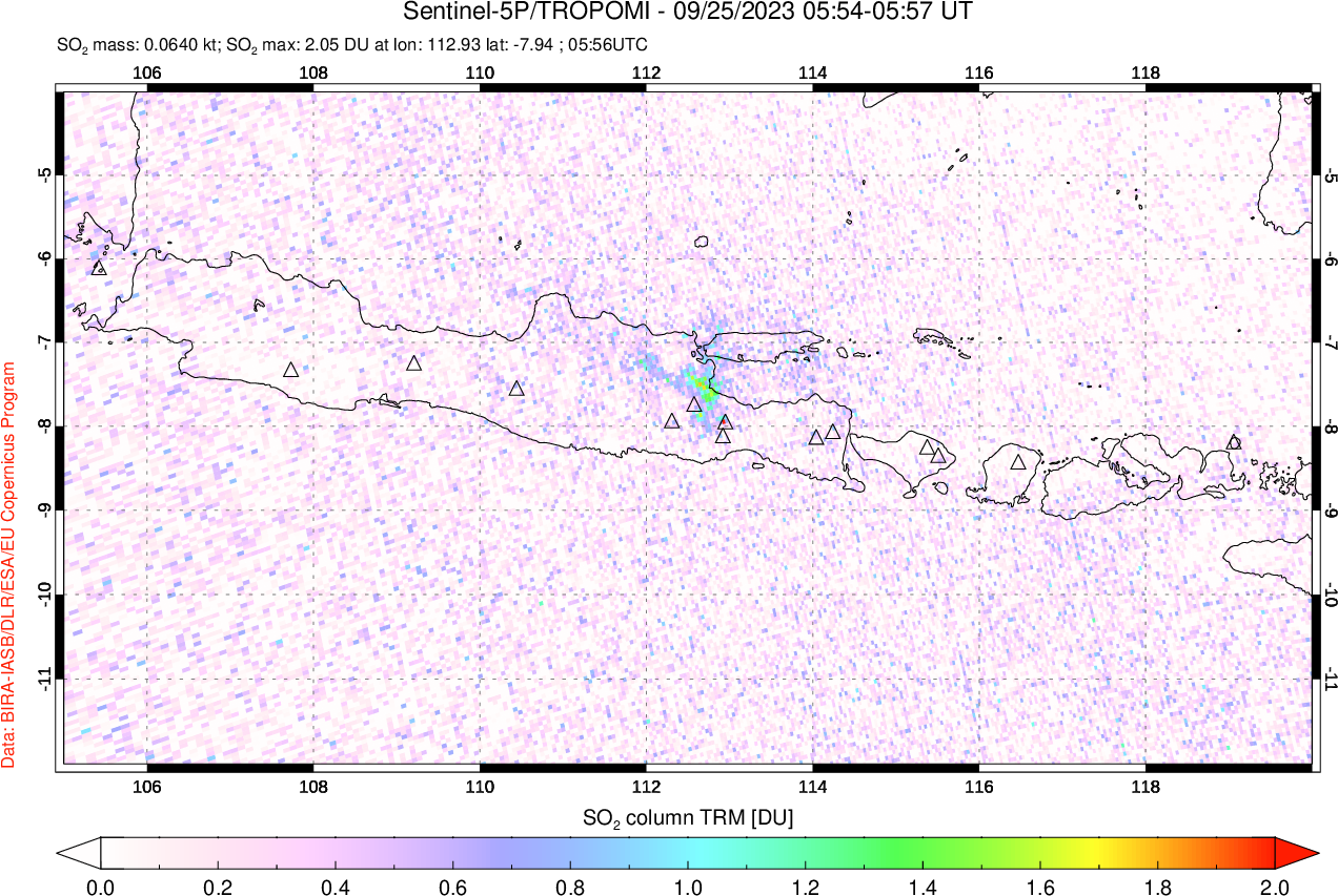 A sulfur dioxide image over Java, Indonesia on Sep 25, 2023.