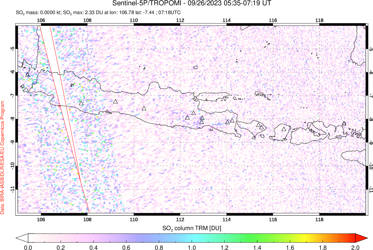 A sulfur dioxide image over Java, Indonesia on Sep 26, 2023.