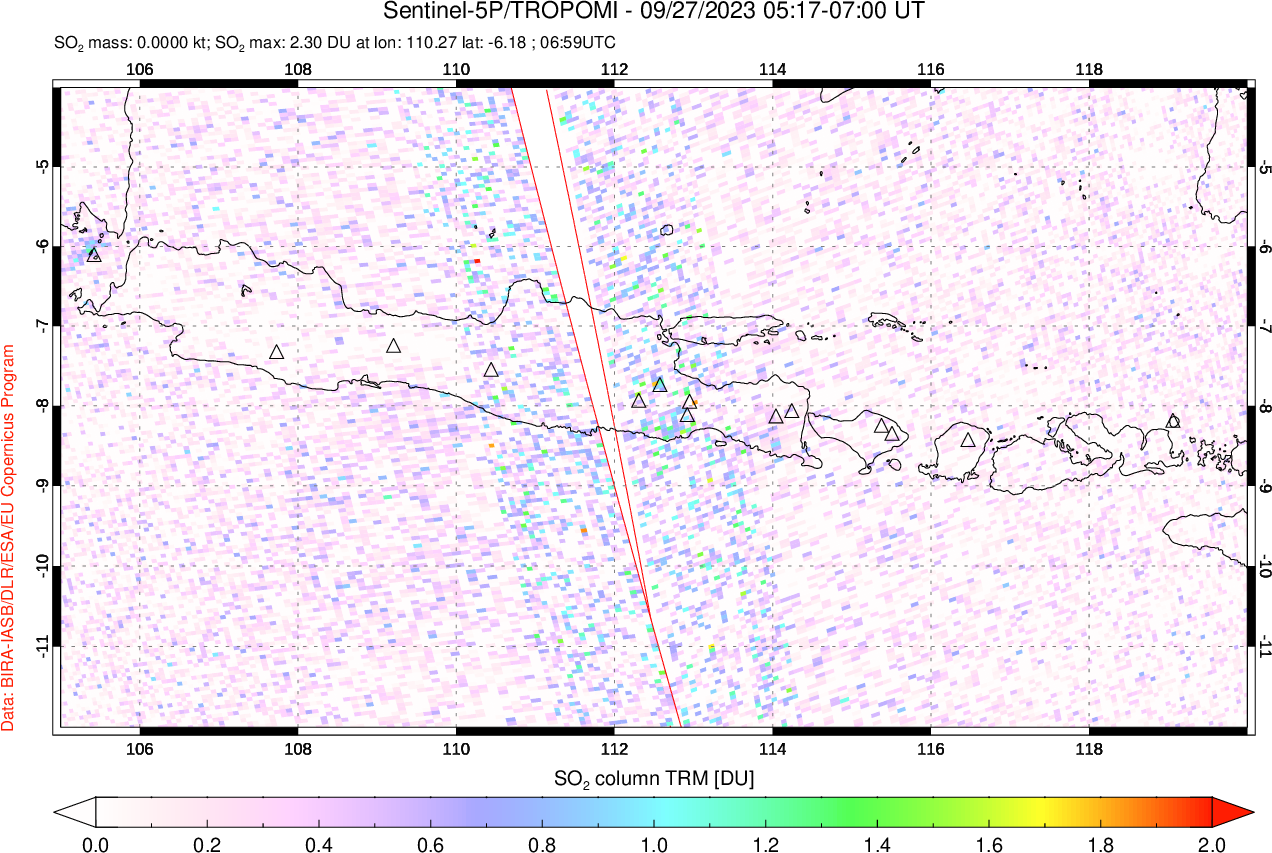 A sulfur dioxide image over Java, Indonesia on Sep 27, 2023.