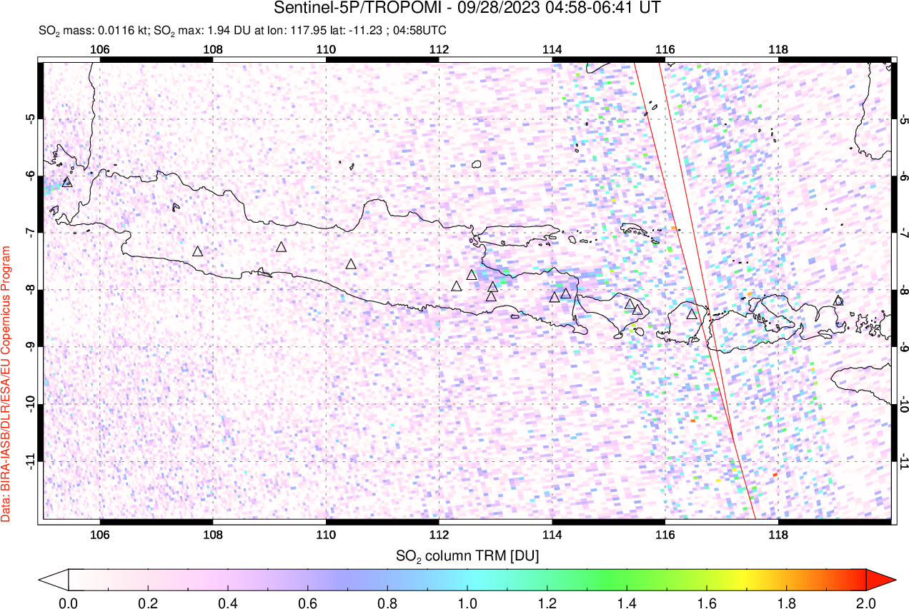 A sulfur dioxide image over Java, Indonesia on Sep 28, 2023.